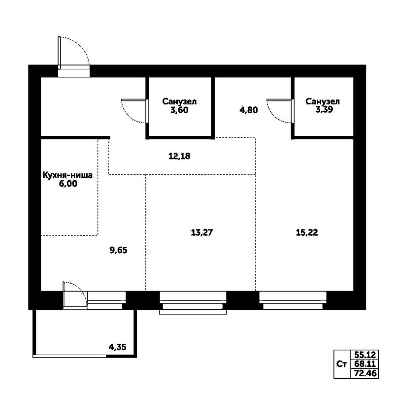 Планировка 3е-к.кв 68.11 м² в ЖК «Спектр»