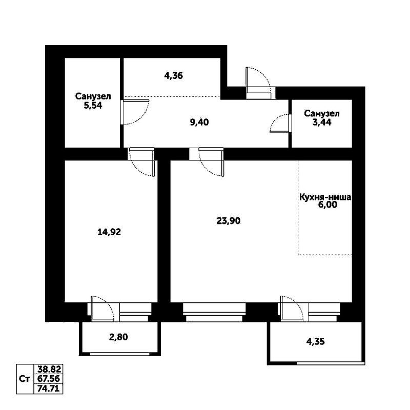 Планировка 2е-к.кв 67.56 м² в ЖК «Спектр»