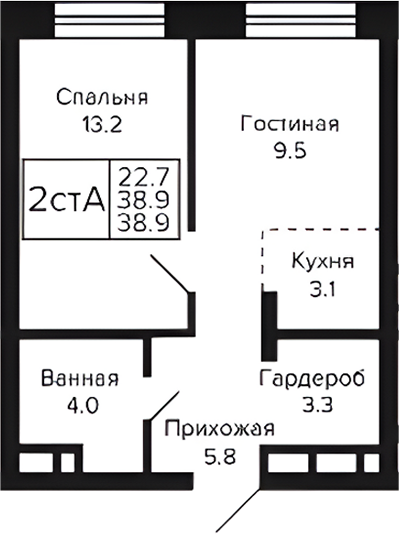 Планировка 2е-к.кв 38.90 м² в ЖК «Цитатум»