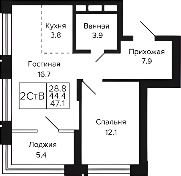 Планировка 2е-к.кв 44.40 м² в ЖК «Цитатум»