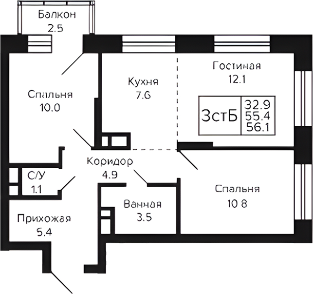 Планировка 3е-к.кв 55.40 м² в ЖК «Цитатум»