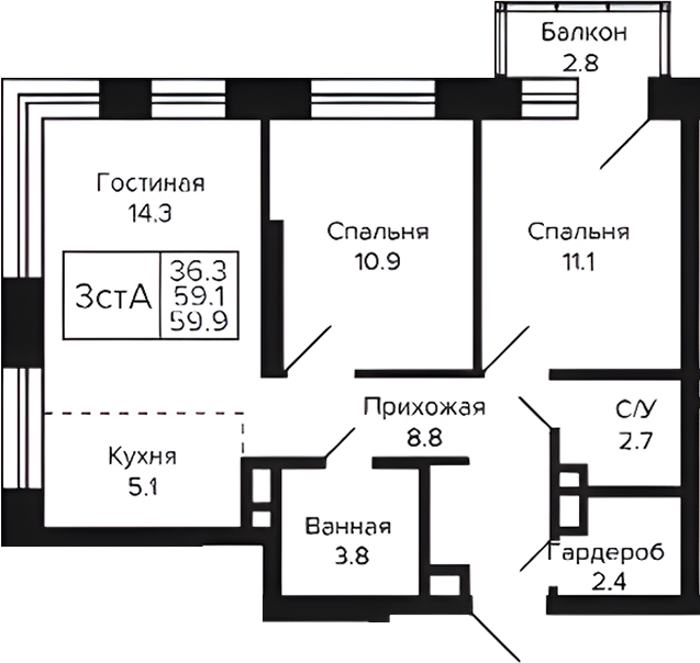 Планировка 3е-к.кв 59.10 м² в ЖК «Цитатум»