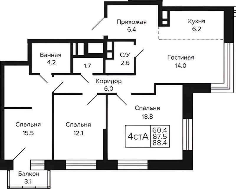 Планировка 4е-к.кв 87.47 м² в ЖК «Цитатум»
