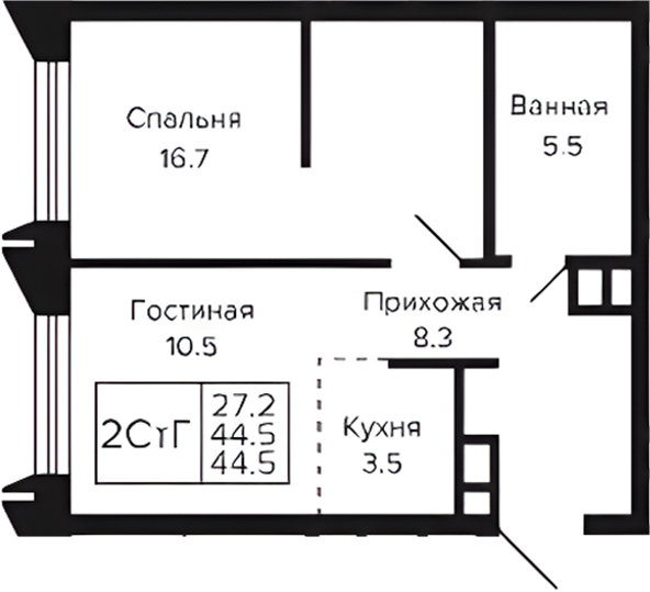 Планировка 2е-к.кв 44.50 м² в ЖК «Цитатум»