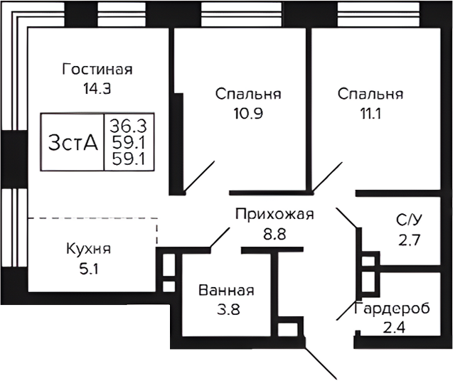 Планировка 3е-к.кв 59.10 м² в ЖК «Цитатум»