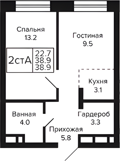 Планировка 2е-к.кв 38.90 м² в ЖК «Цитатум»