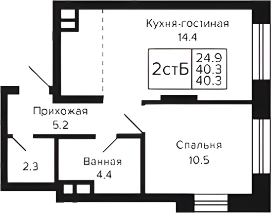 Планировка 2е-к.кв 40.30 м² в ЖК «Цитатум»