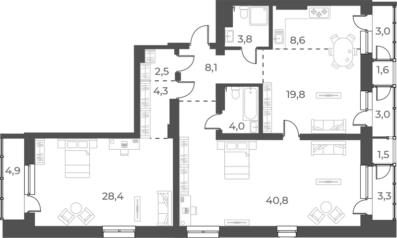 Планировка 3е-к.кв 120.30 м² в ЖК «Нормандия-Неман»