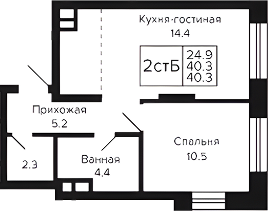 Планировка 2е-к.кв 40.30 м² в ЖК «Цитатум»