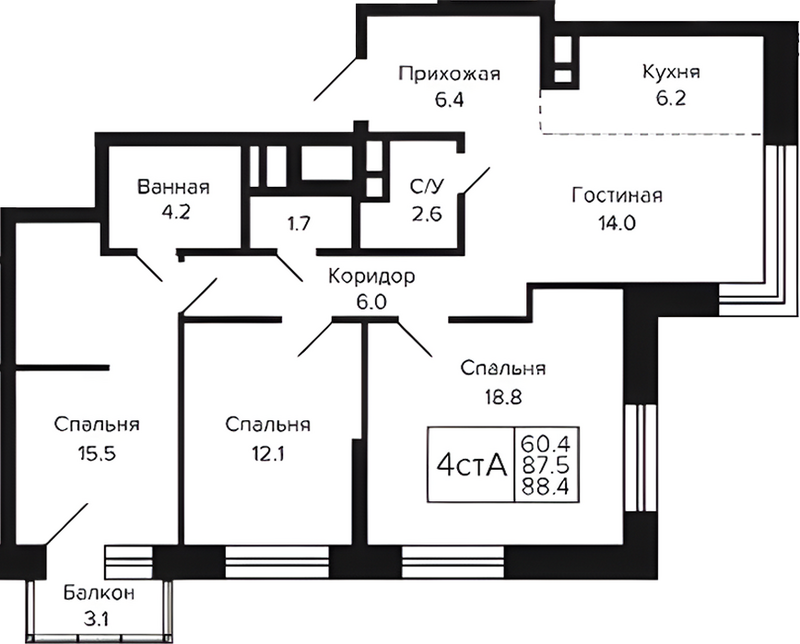 Планировка 4е-к.кв 87.50 м² в ЖК «Цитатум»