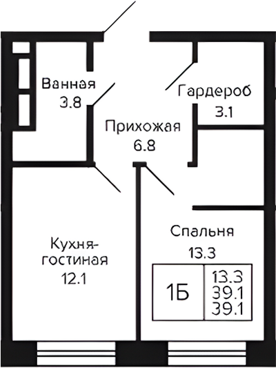 Планировка 1-к.кв 39.10 м² в ЖК «Цитатум»