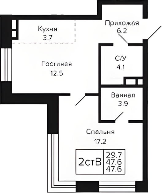 Планировка 2е-к.кв 47.60 м² в ЖК «Цитатум»