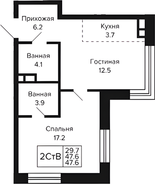Планировка 2е-к.кв 47.60 м² в ЖК «Цитатум»