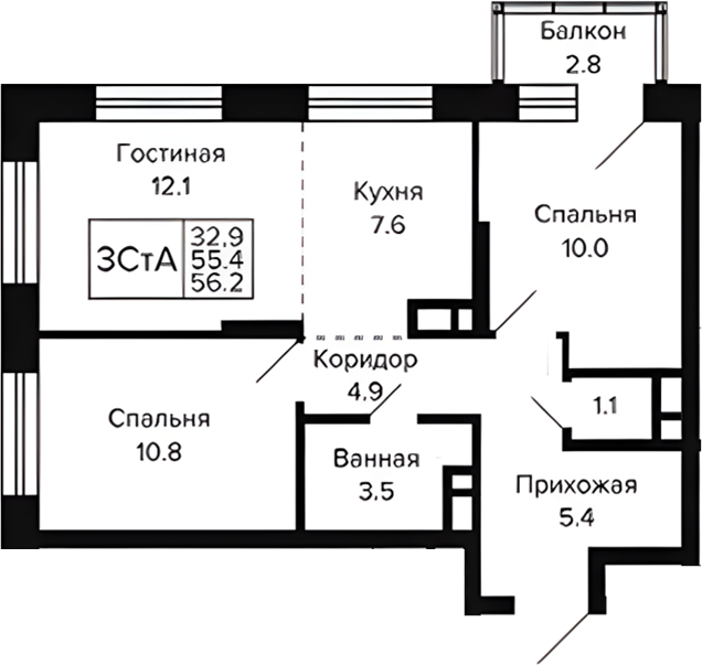 Планировка 3е-к.кв 55.36 м² в ЖК «Цитатум»