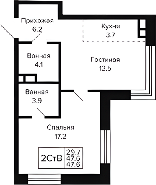 Планировка 2е-к.кв 47.60 м² в ЖК «Цитатум»