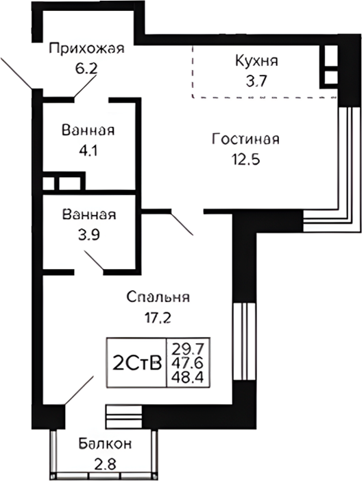 Планировка 2е-к.кв 47.56 м² в ЖК «Цитатум»