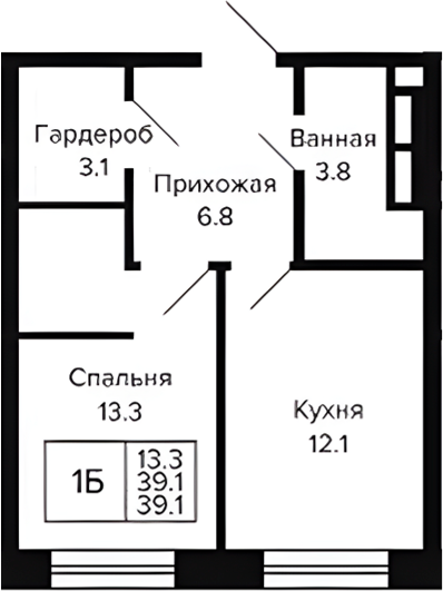 Планировка 1-к.кв 39.10 м² в ЖК «Цитатум»