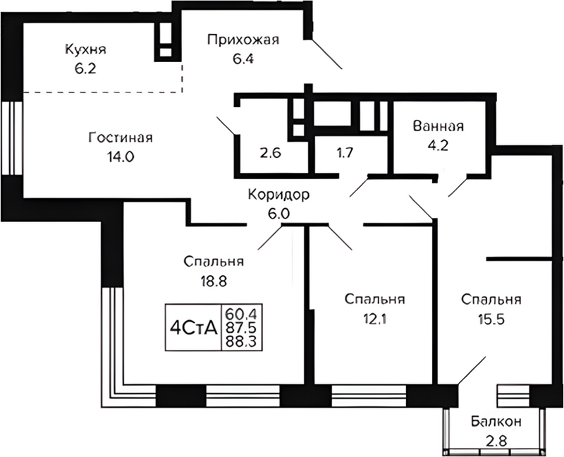 Планировка 4е-к.кв 87.46 м² в ЖК «Цитатум»