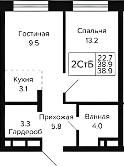 Планировка 2е-к.кв 38.90 м² в ЖК «Цитатум»