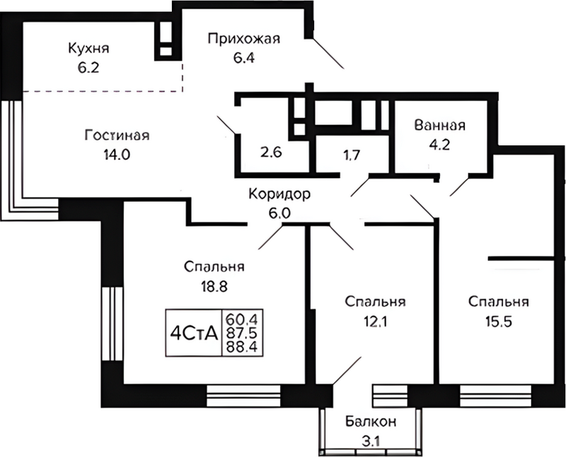 Планировка 4е-к.кв 87.47 м² в ЖК «Цитатум»