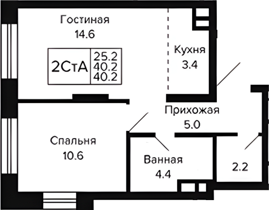 Планировка 2е-к.кв 40.20 м² в ЖК «Цитатум»