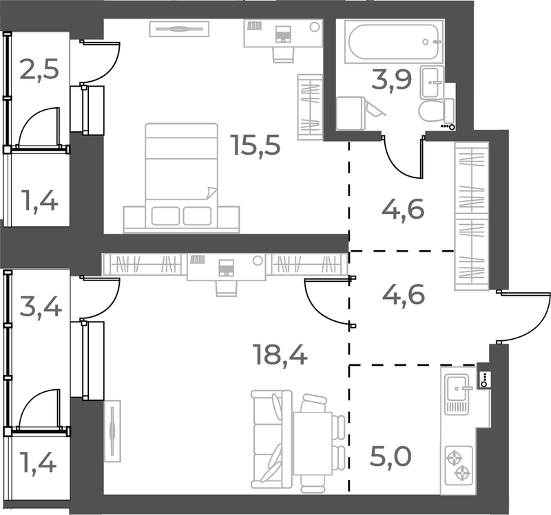Планировка 2е-к. квартира 52.00 м² в ЖК «Нормандия-Неман»