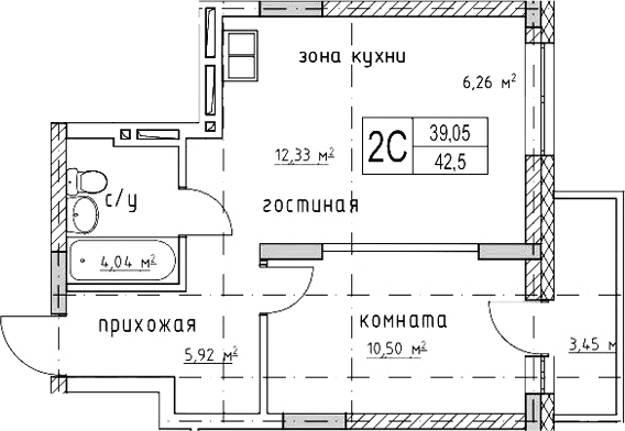Планировка 2е-к.кв 39.05 м² в ЖК «Гвардия»