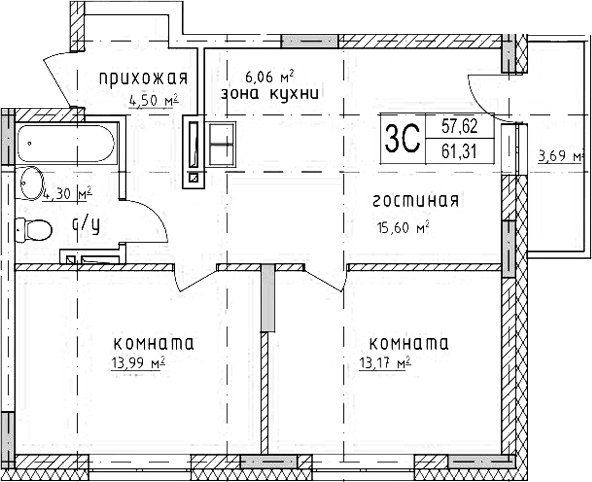 Планировка 3е-к.кв 57.62 м² в ЖК «Гвардия»