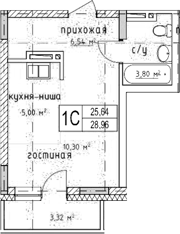 Планировка студии 25.64 м² в ЖК «Гвардия»