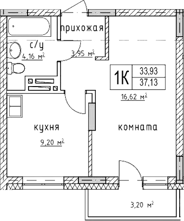Планировка 1-к.кв 33.93 м² в ЖК «Гвардия»
