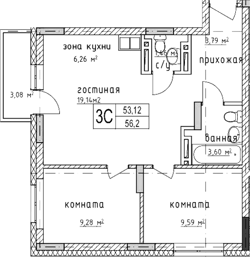 Планировка 3е-к.кв 53.12 м² в ЖК «Гвардия»