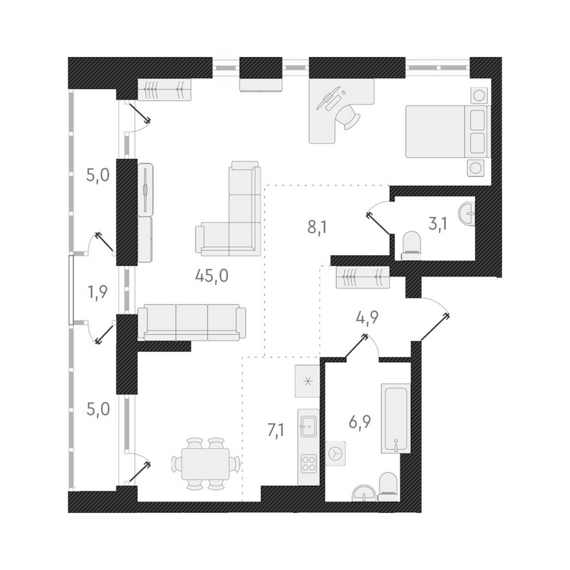 Планировка студии 74.80 м² в ЖК «Нормандия-Неман»