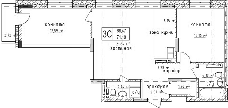 Планировка 3е-к.кв 68.47 м² в ЖК «Гвардия»