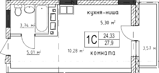 Планировка студии 24.33 м² в ЖК «Гвардия»