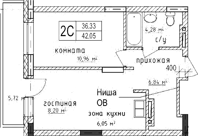 Планировка 2е-к.кв 36.33 м² в ЖК «Гвардия»