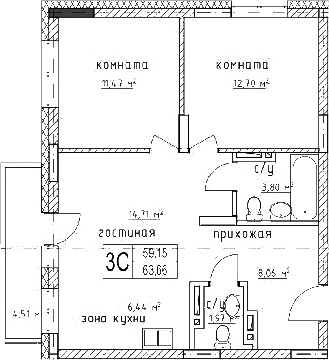 Планировка 3е-к.кв 59.15 м² в ЖК «Гвардия»