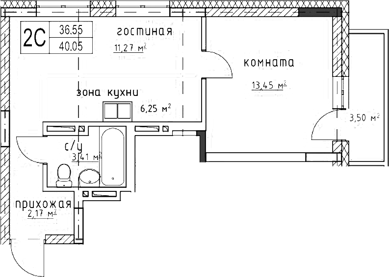Планировка 2е-к.кв 36.55 м² в ЖК «Гвардия»