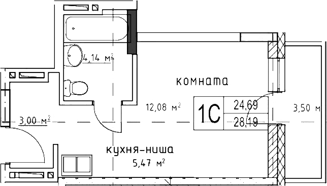Планировка студии 24.69 м² в ЖК «Гвардия»