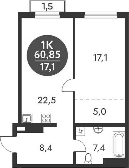 Планировка 1-к. квартира 60.40 м² в ЖК «Скандинавские кварталы»