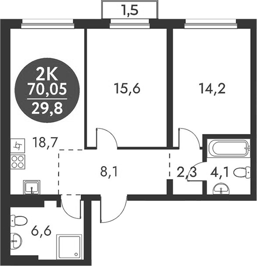 Планировка 2-к. квартира 69.60 м² в ЖК «Скандинавские кварталы»