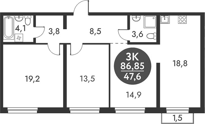 Планировка 3-к.кв 86.40 м² в ЖК «Скандинавские кварталы»