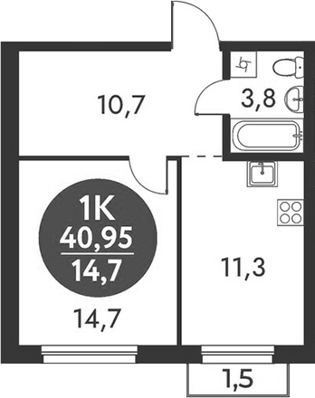 Планировка 1-к.кв 40.50 м² в ЖК «Скандинавские кварталы»