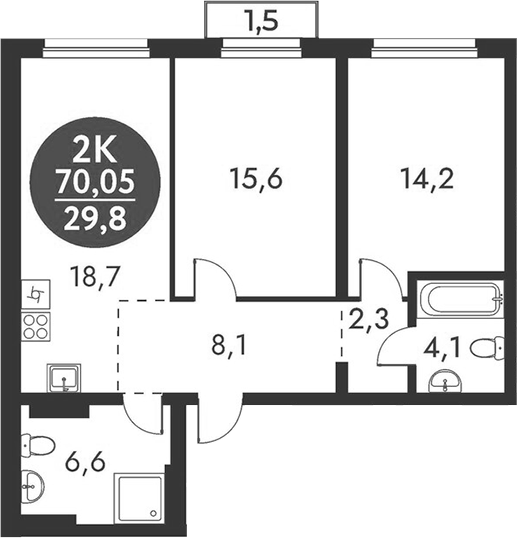 Планировка 2-к. квартира 69.60 м² в ЖК «Скандинавские кварталы»