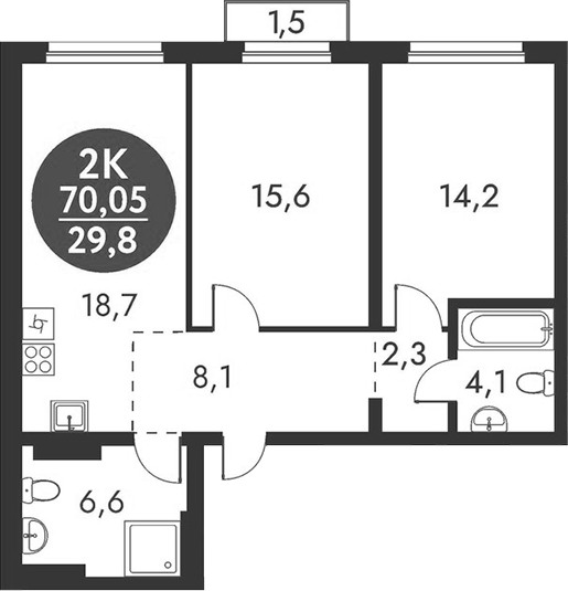Планировка 2-к. квартира 69.60 м² в ЖК «Скандинавские кварталы»