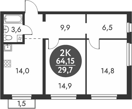 Планировка 2-к. квартира 63.70 м² в ЖК «Скандинавские кварталы»