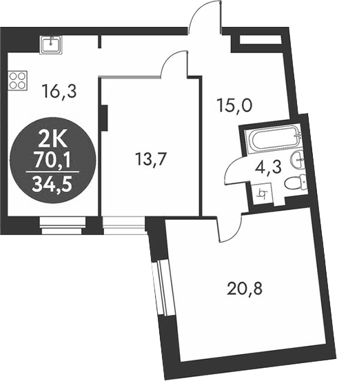 Планировка 2-к.кв 70.10 м² в ЖК «Скандинавские кварталы»