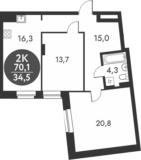 Планировка 2-к. квартира 70.10 м² в ЖК «Скандинавские кварталы»