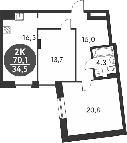 Планировка 2-к.кв 70.10 м² в ЖК «Скандинавские кварталы»