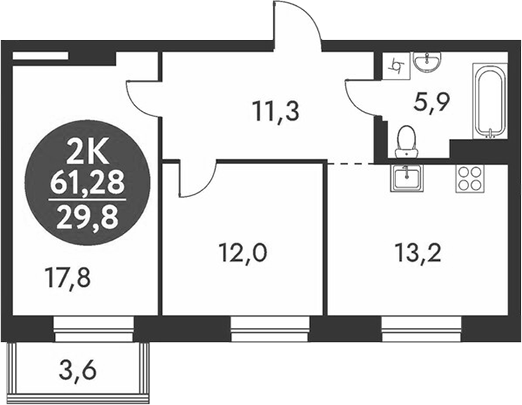 Планировка 2-к.кв 60.20 м² в ЖК «Скандинавские кварталы»