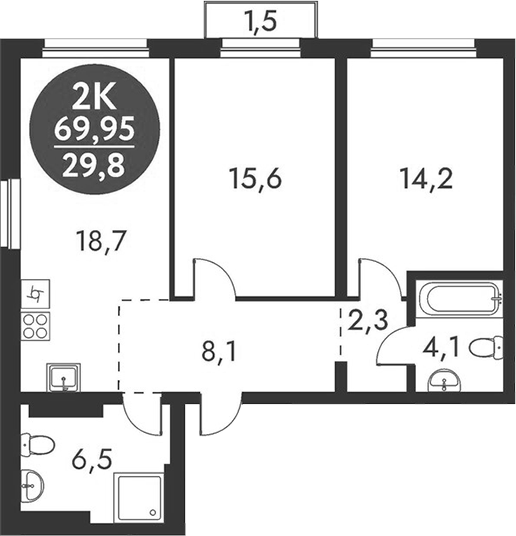Планировка 2-к.кв 69.50 м² в ЖК «Скандинавские кварталы»